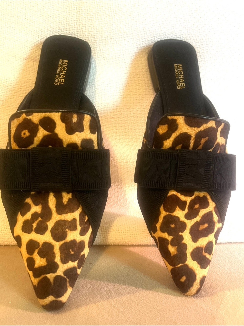 Michael Kors Leopard Print Pointed Toe Slide Mules with Black Bow